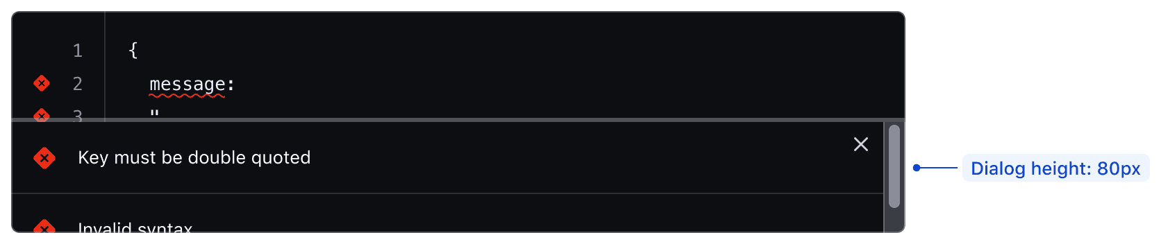 Code Editor with linting errors. There is a dialog on top of the bottom half of the Code Editor with several alerts that can be dismissed. The dialog does not block the user from interacting with the Code Editor content.
